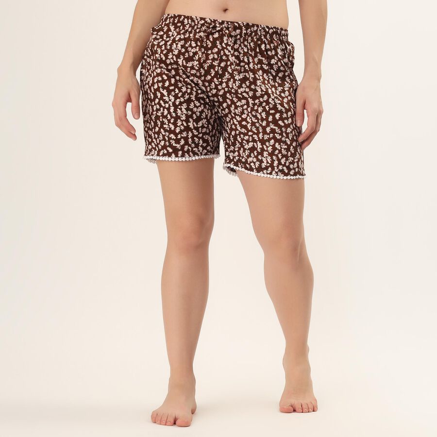 Women's Brown Relaxed Fit Tropical Leaf Printed Shorts, भूरा, large