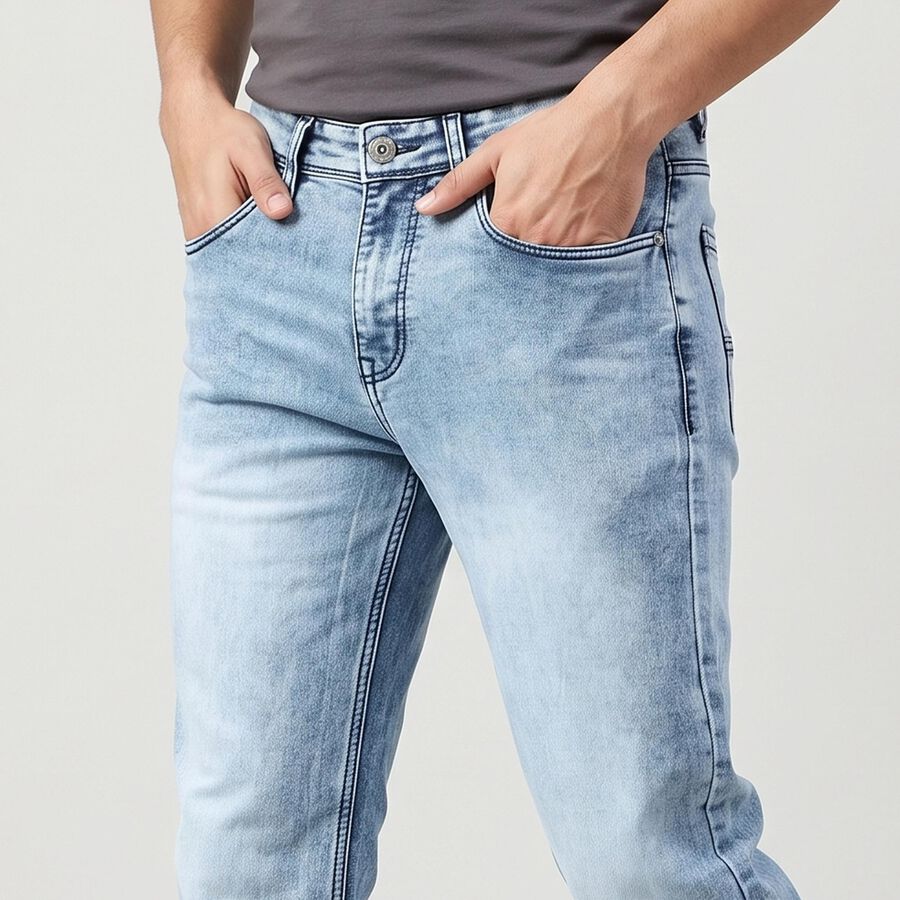 Men's Light Blue Slim Fit Faded Jeans, Mid Blue, large