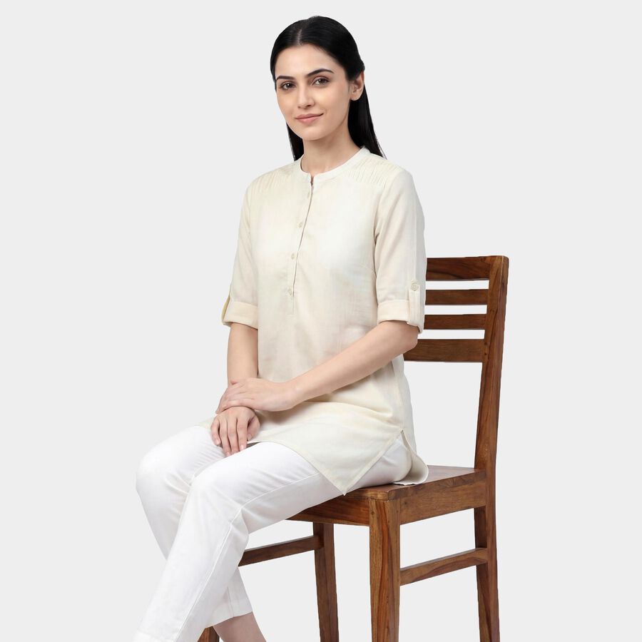 Women's White Cotton Round Neck Straight Kurti, Off White, large