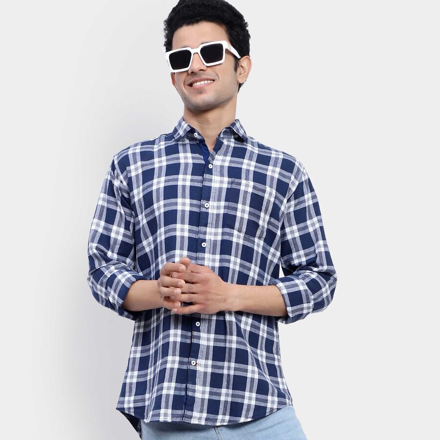 Cotton Checks Casual Shirt, Navy Blue, large image number null