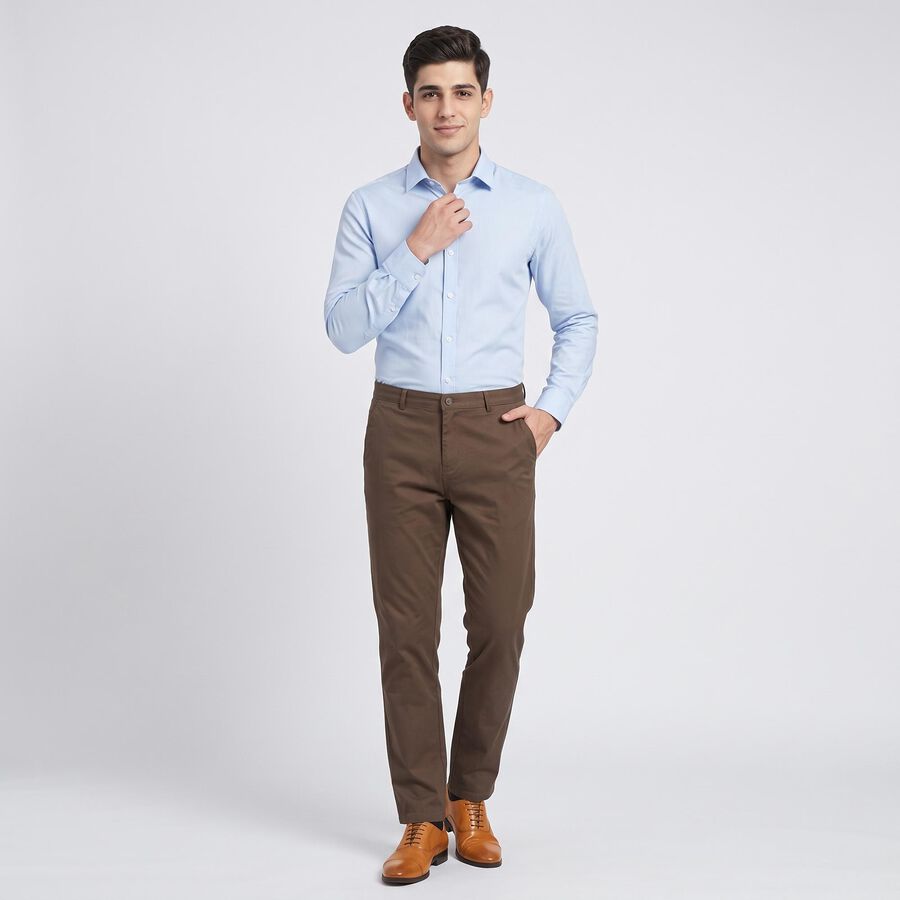 Men's Brown Slim Fit Flat-Front Trousers, Brown, large