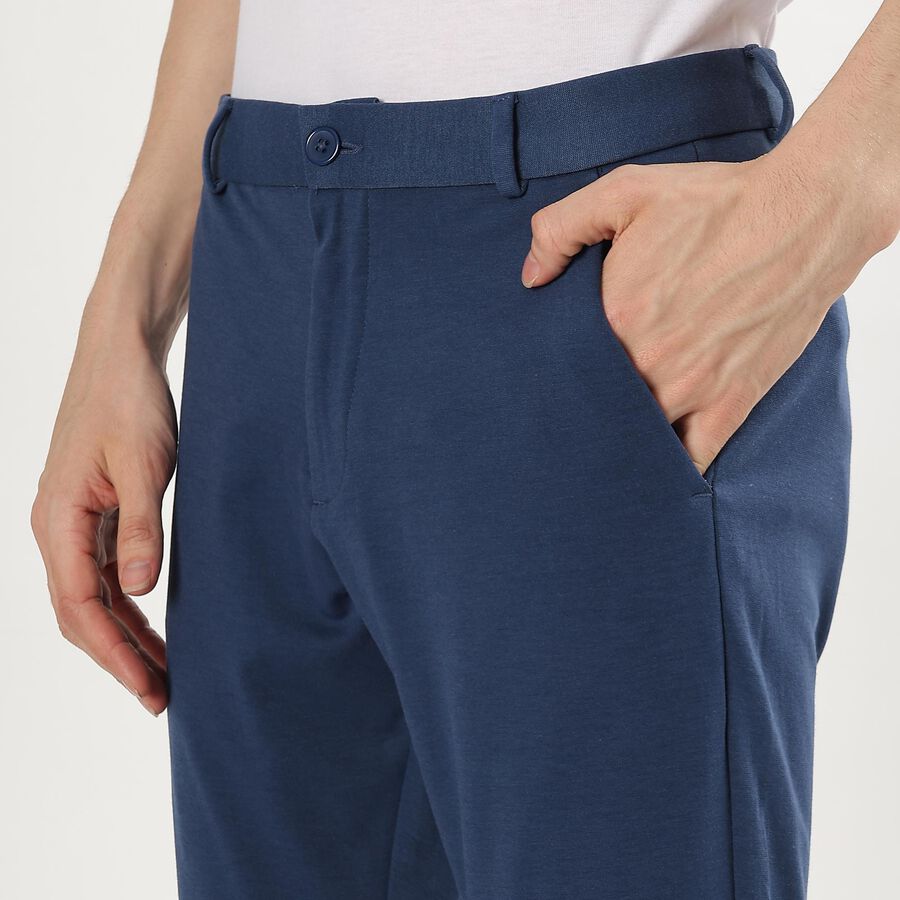 Men's Deep Steel Blue Slim Fit Cross Pocket Casual Trousers, गहरा नीला, large image number null