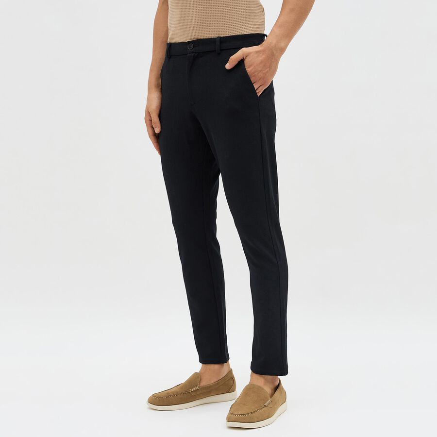 Men's Jet Black Slim Fit Flat-Front Casual Trousers, नेवी ब्लू, large image number null