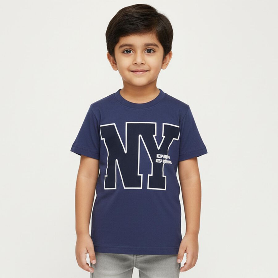 Boys' Deep Midnight Navy Blue Crew Neck Casual T-Shirt, Mid Blue, large image number null