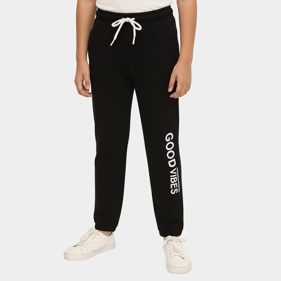 Boys Jet Black Good Vibes Printed Winter Pyjama, काला, large image number null