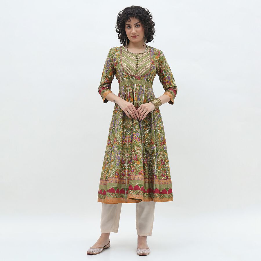 Women's Muted Sage Green Round Neck Floral Printed Kurta, हल्का हरा, large image number null