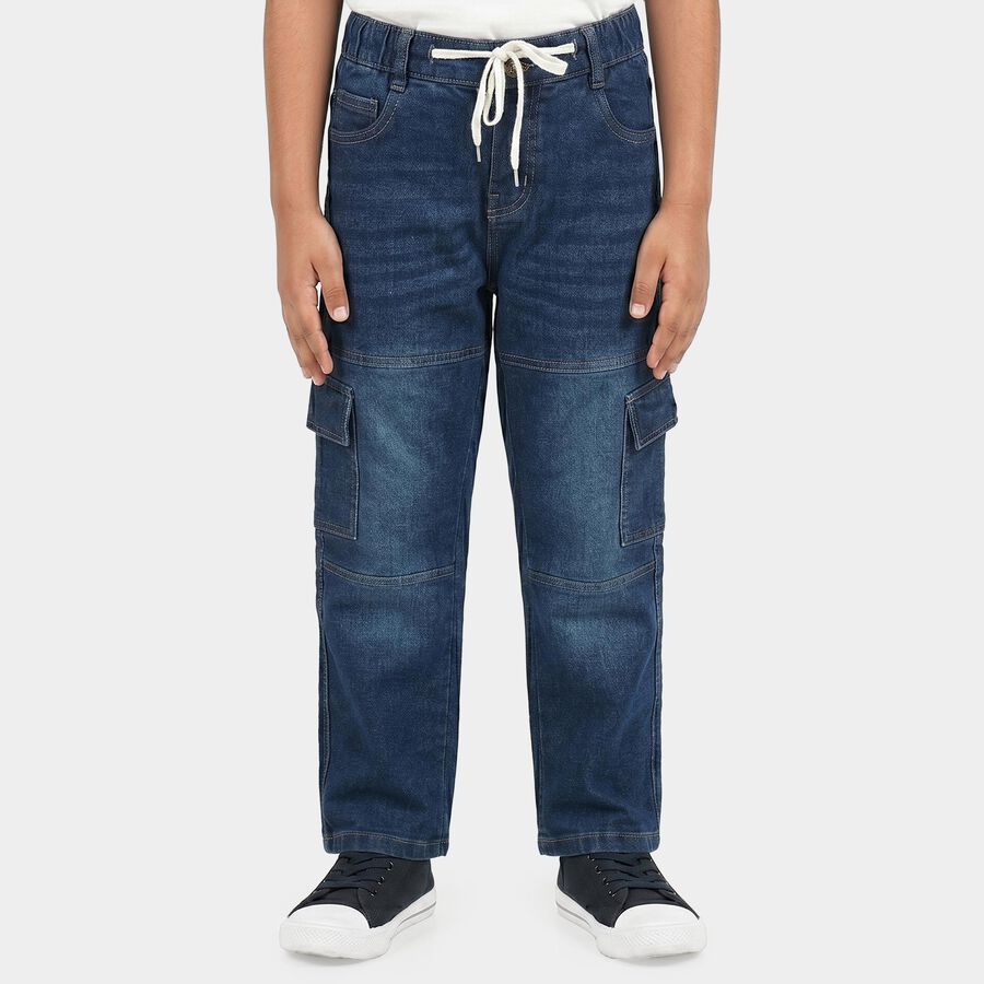 Boys' Navy Blue Relaxed Fit Cargo Style Jeans, गहरा नीला, large