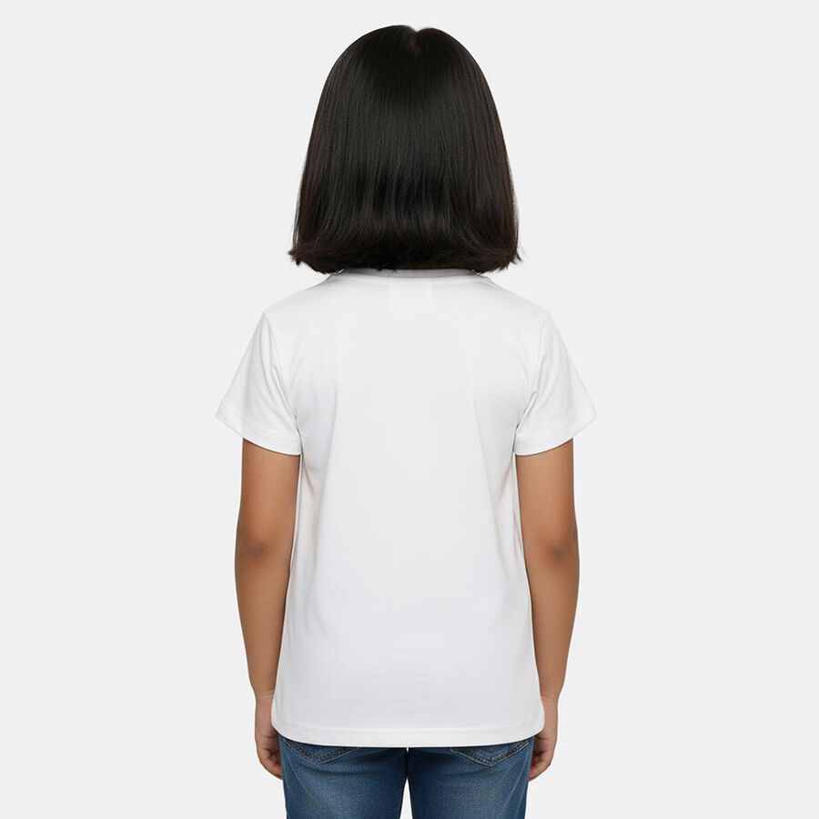 Girls' White Cotton Blend Round Neck Casual Graphic Printed T-Shirt, सफ़ेद, large