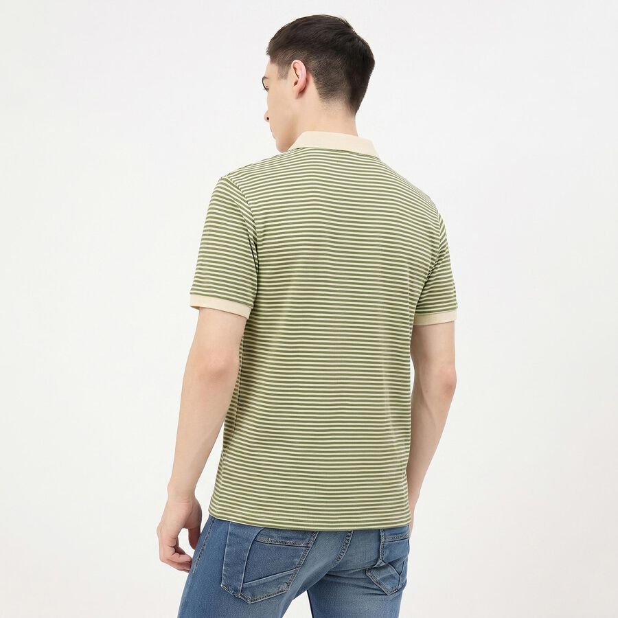 Men's Green Polo Neck Striped T-Shirt, हल्का हरा, large
