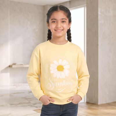 Girls Yellow Round Neck Pullover Sweatshirt