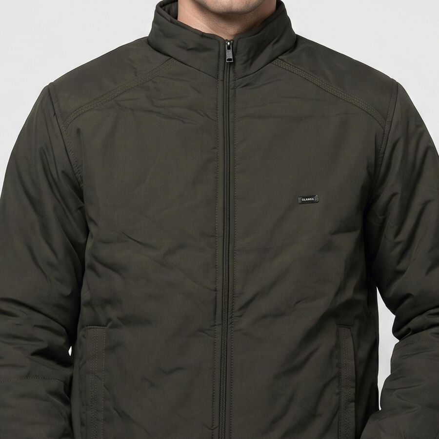 Men's Olive Green Stand Collar Bomber Jacket, Olive, large