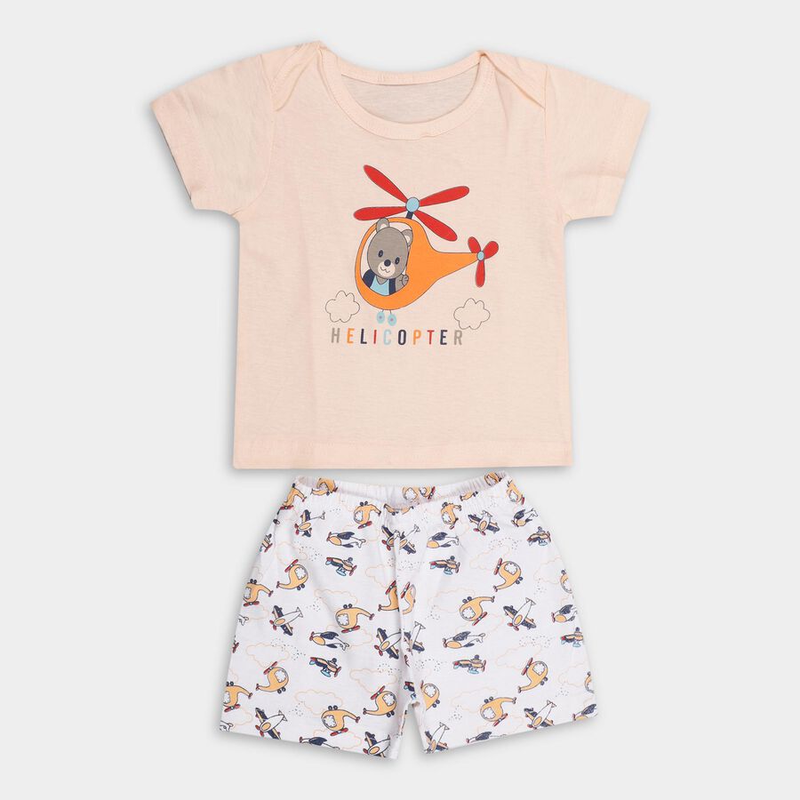 Infant Boys' Peach Cotton Boat Neck Graphic Baba Suit, Peach, large image number null