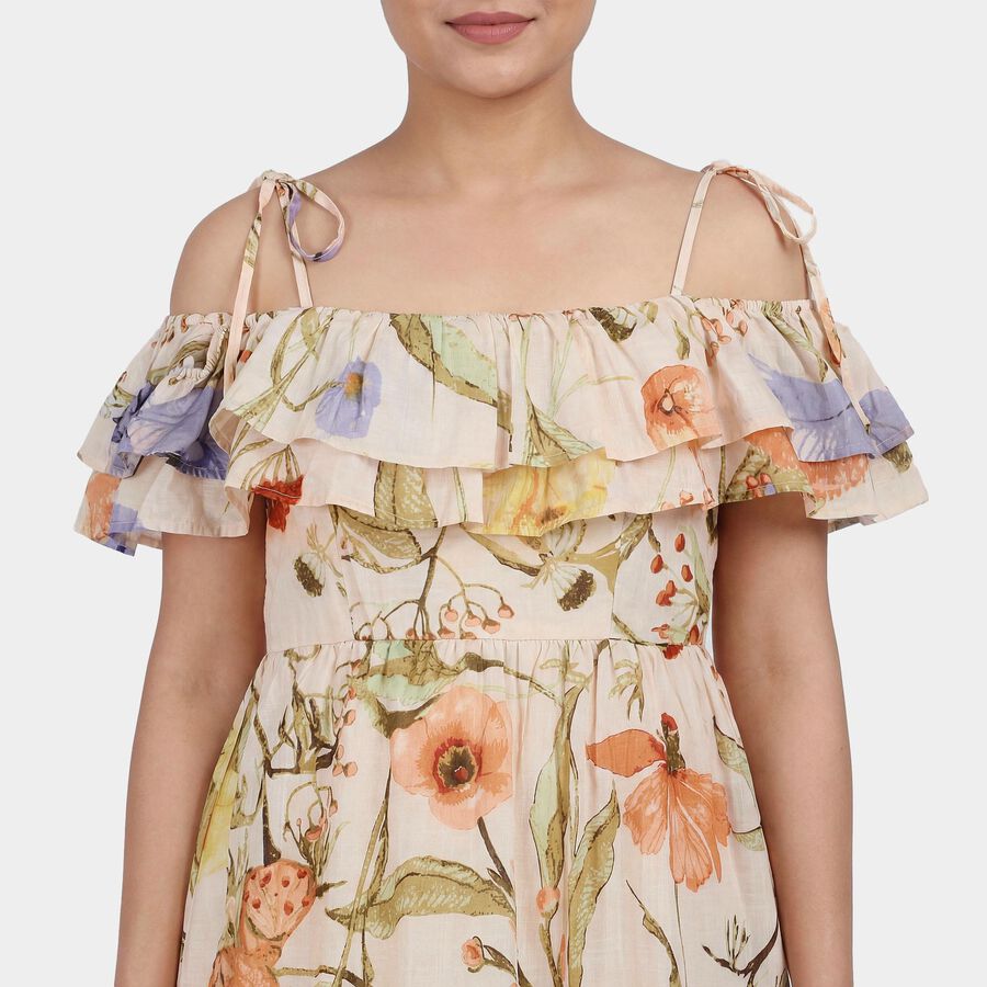 Women's Peach Cotton Square Neck Smocked Tiered Midi Dress, पीच, large