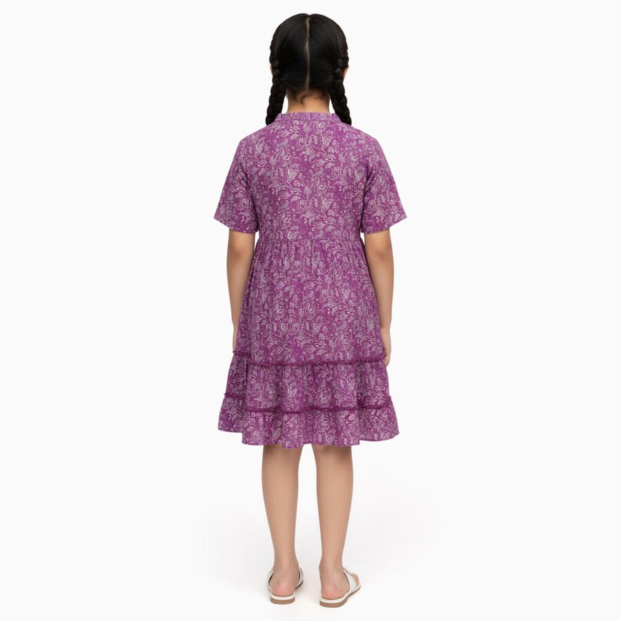 Girls' Purple Round Neck Paisley Print Tiered Dress, लाइलेक, large image number null