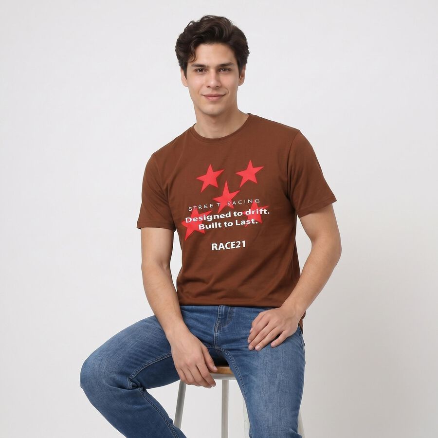 Men's Brown Round Neck Regular Graphic Print T-Shirt, भूरा, large