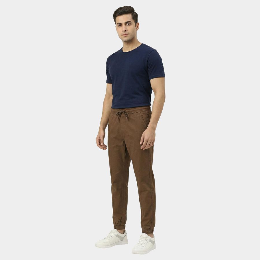Men's Brown Slim Fit Flat-Front Casual Trousers, भूरा, large
