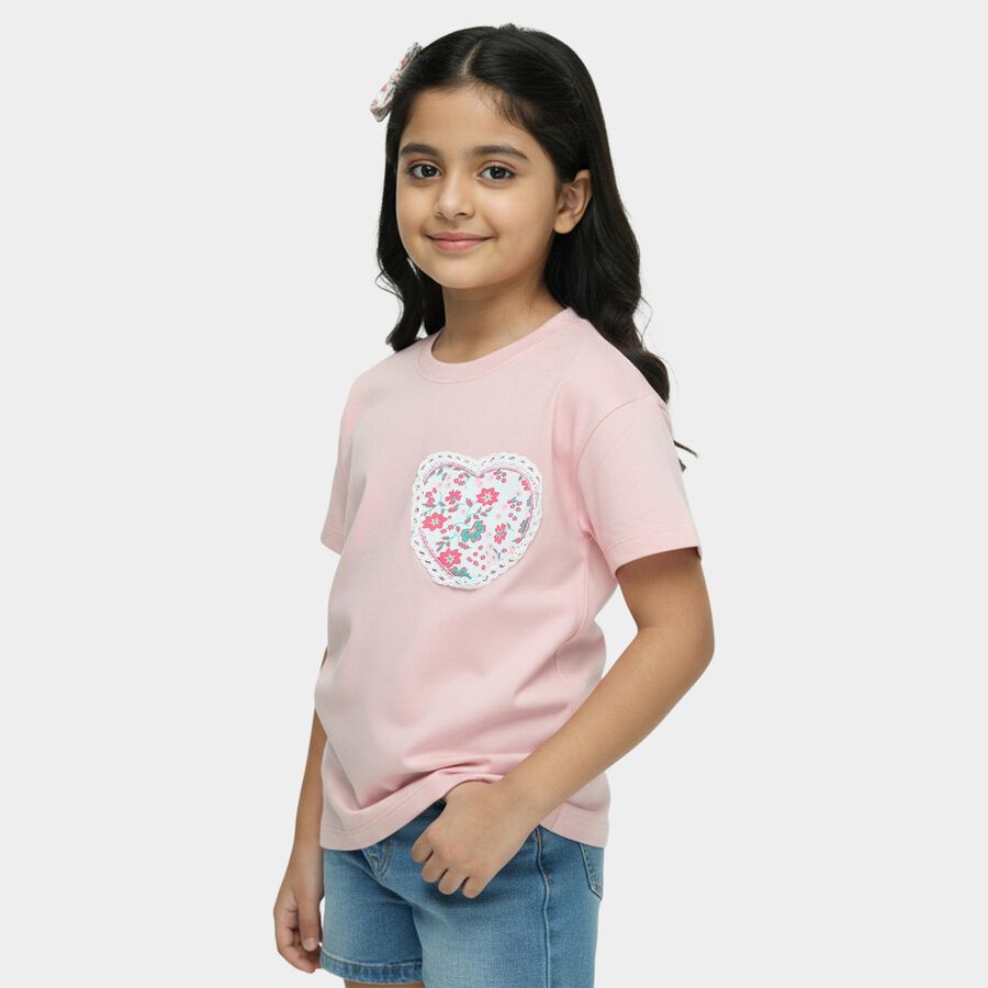 Girls Pink Cotton Round Neck Graphic Print T-Shirt, Pink, large