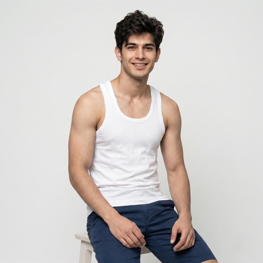 Men's White Cotton Round Neck Sleeveless Vest, सफ़ेद, large