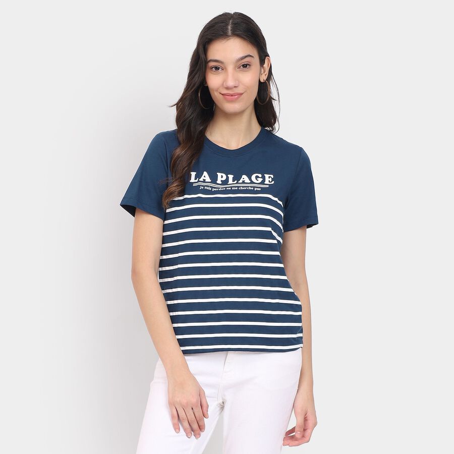 Ladies'  Stripes Round Neck T-Shirt, नेवी ब्लू, large image number null