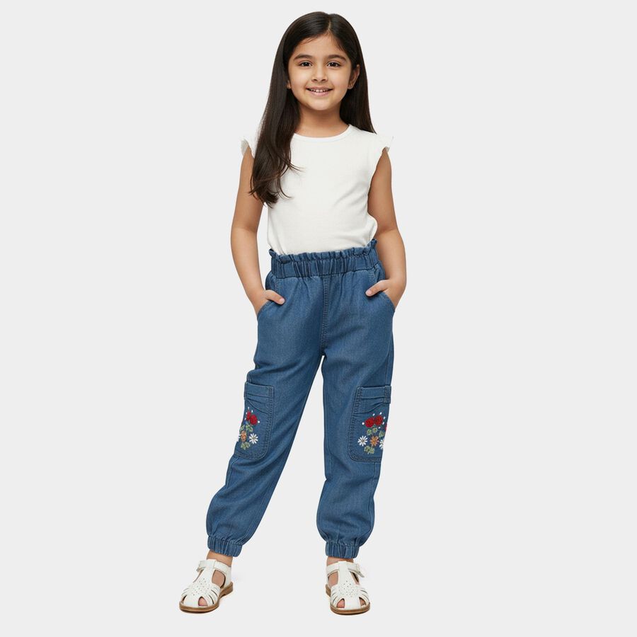 Girls' Blue Jogger Fit Embroidered Cargo Jeans, Mid Blue, large