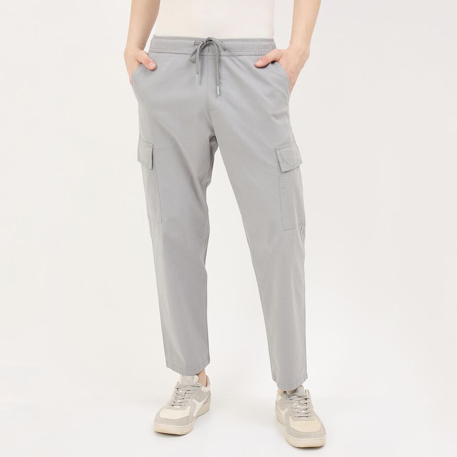 Men's Light Grey Slim Fit Flat-Front Trousers, हल्का ग्रे, large