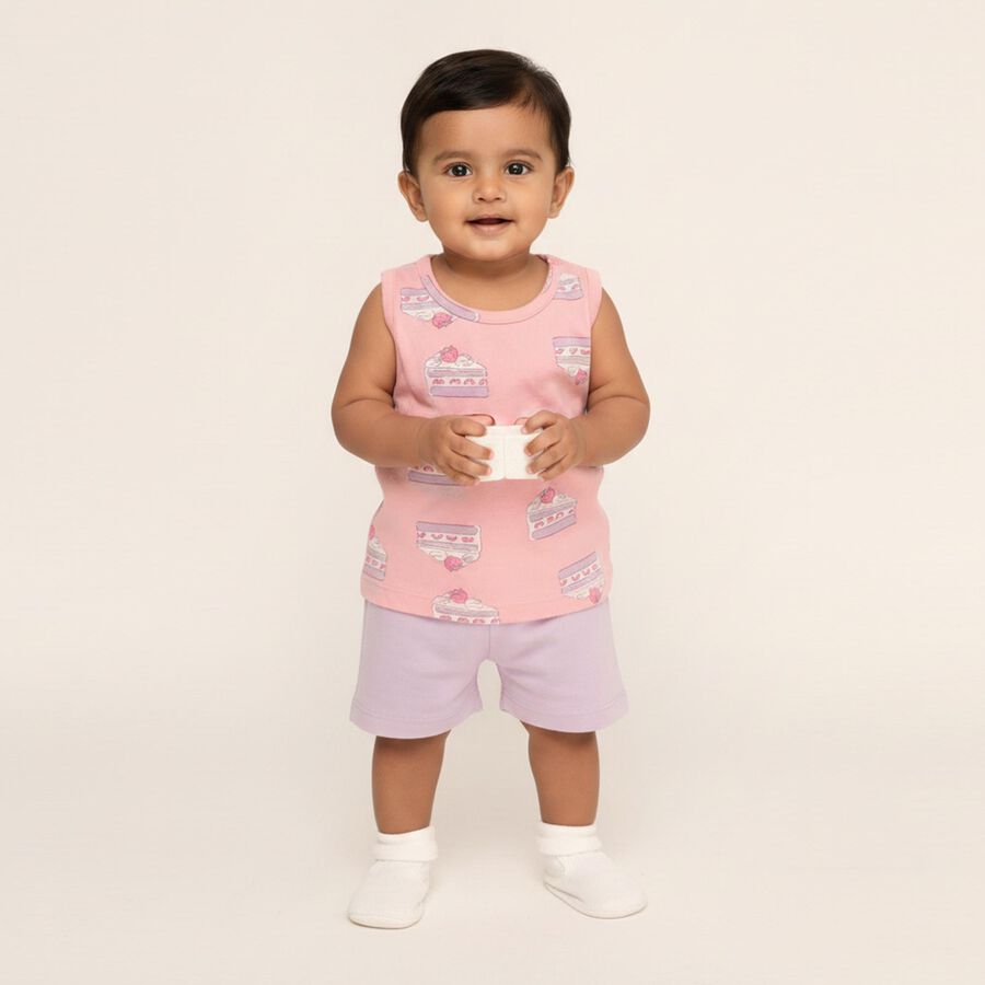 Infant Girl Soft Pink Cotton Round Neck Casual Shorts Set, हल्का गुलाबी, large image number null