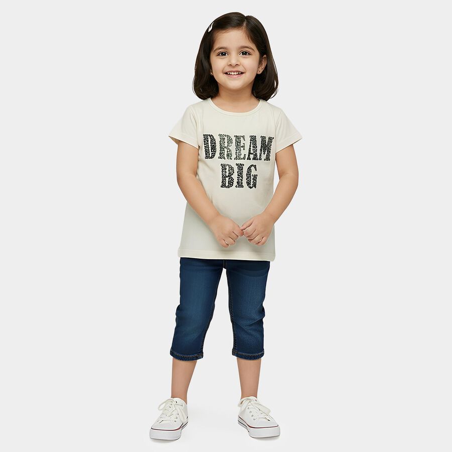 Girls' White Cotton Round Neck Slogan Printed T-Shirt, Off White, large