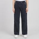 Women's Navy Blue Wide Leg Drawstring Jeans, Dark Blue, small