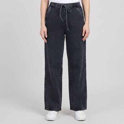 Women's Navy Blue Wide Leg Drawstring Jeans