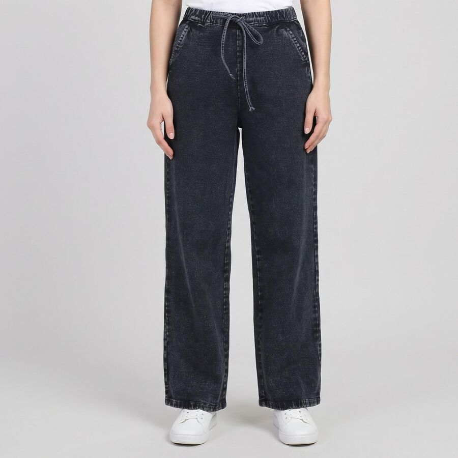 Women's Navy Blue Wide Leg Drawstring Jeans, Dark Blue, large
