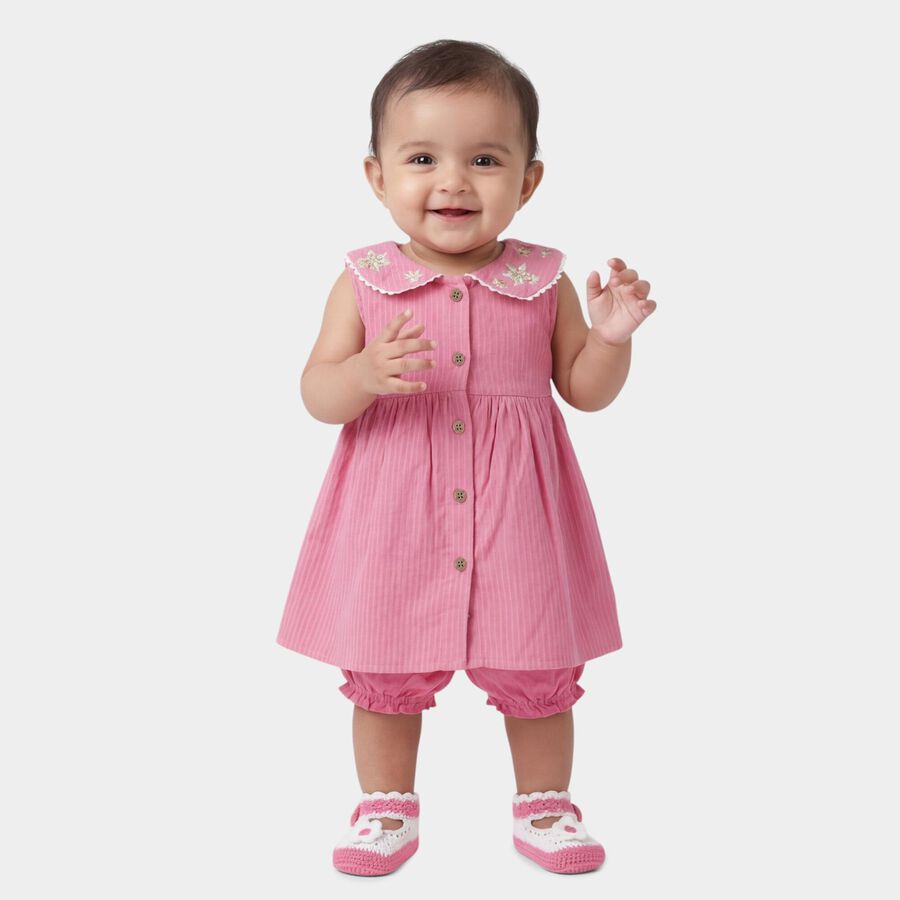 Infants' Pink Cotton Embroidered Collar Sleeveless Frock with Bloomers, Pink, large