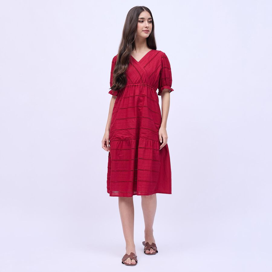 Women's Rich Crimson Red Cotton V-Neck Casual Midi Dress, Maroon, large image number null