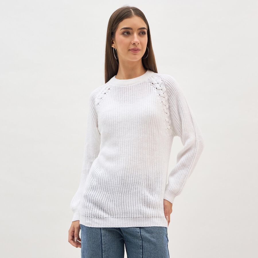 Women's Snow White Crew Neck Casual Pullover, सफ़ेद, large image number null