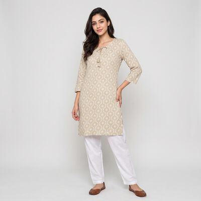 Women's Beige Round Neck Printed Kurta