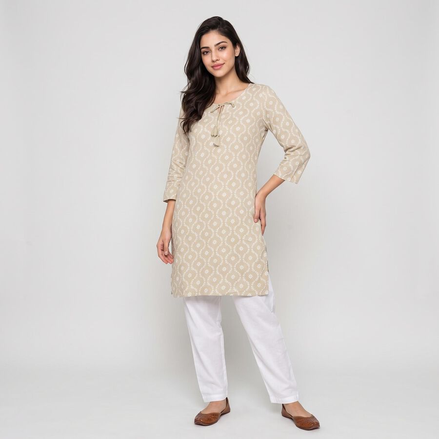 Women's Beige Round Neck Printed Kurta, Beige, large