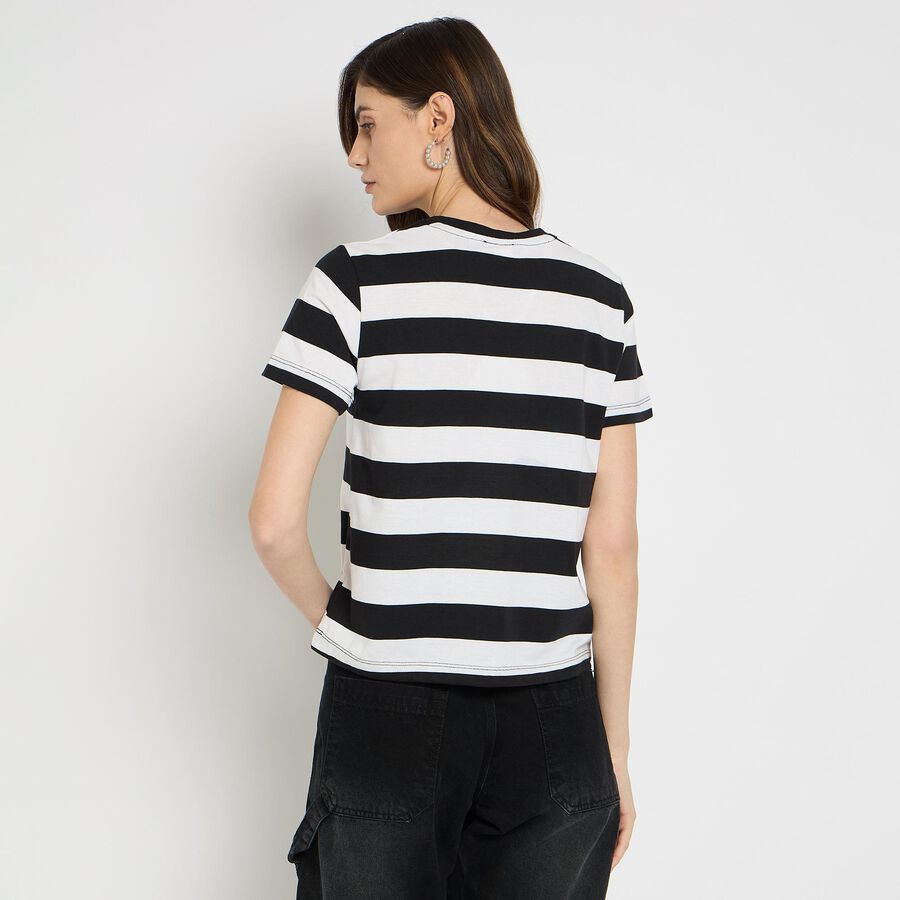 Ladies'  Stripes Round Neck T-Shirt, काला, large image number null