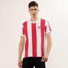 Men's Red V-Neck Striped Athleisure T-Shirt, Red, small