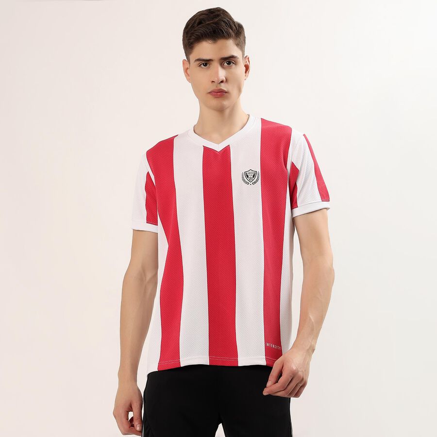 Men's Red V-Neck Striped Athleisure T-Shirt, Red, large
