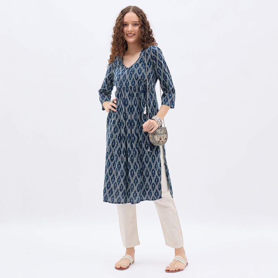 Ladies' Deep Midnight Navy Blue V-Neck Printed Kurta, Navy Blue, large image number null