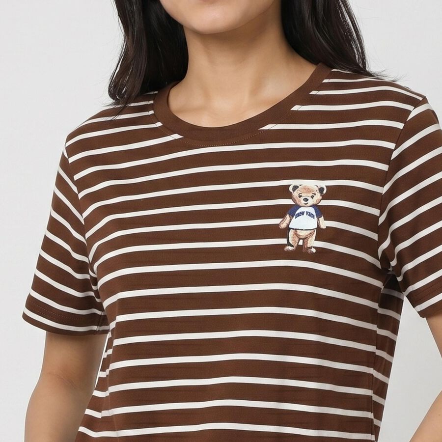 Women's Brown Round Neck Regular T-Shirt, भूरा, large