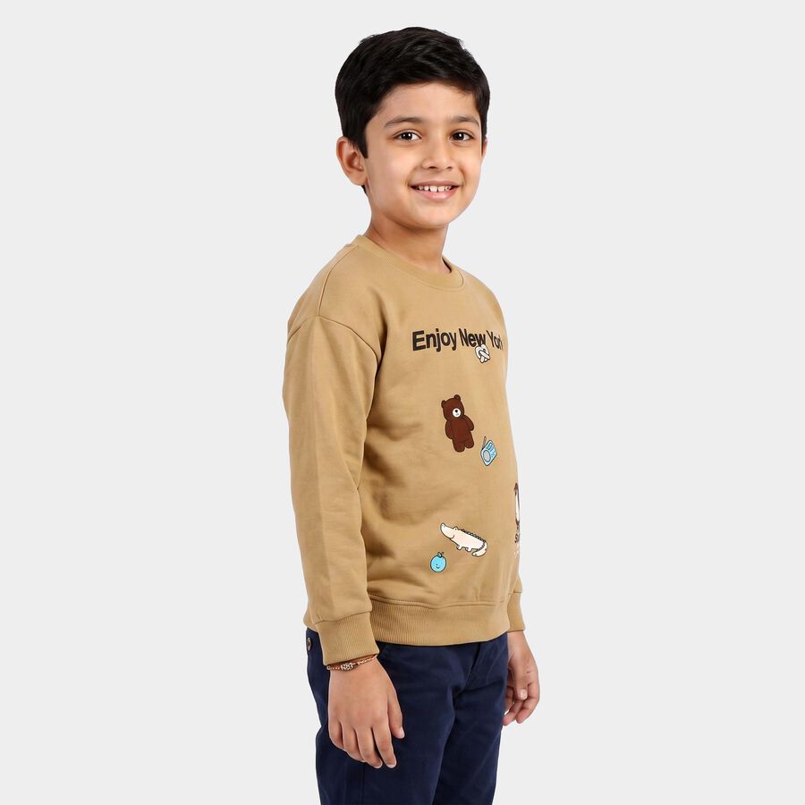 Boys Beige Crew Neck Graphic Print Sweatshirt, Beige, large