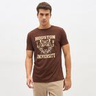 Men's Brown Round Neck Slim Fit Printed T-Shirt, Brown, small