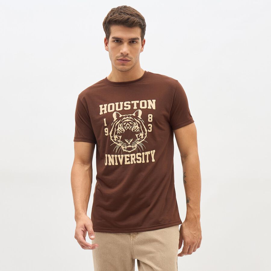 Men's Brown Round Neck Slim Fit Printed T-Shirt, Brown, large