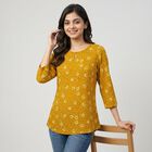 Women's Mustard Round Neck Printed Straight Kurti, Yellow, small
