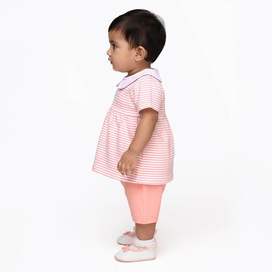 Infants' Light Pink Cotton Peter Pan Collar Casual Top and Capri Set, पीच, large image number null