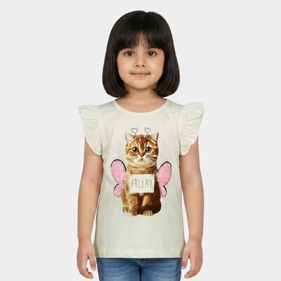 Girls White Cotton Round Neck Regular T-Shirt