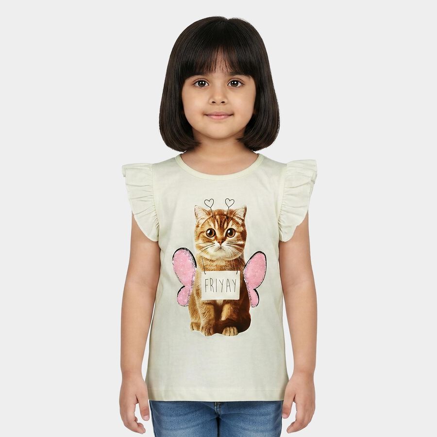 Girls White Cotton Round Neck Regular T-Shirt, सफ़ेद, large