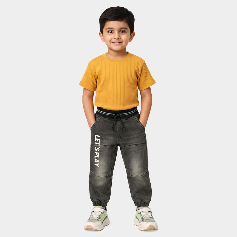 Boys' Black Jogger Fit Printed Jeans, काला, large