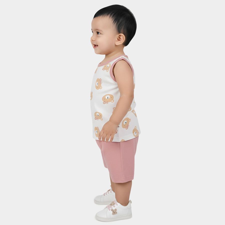 Infant Girl Pink Cotton Sleeveless Bear Print Shorts Set, Light Pink, large