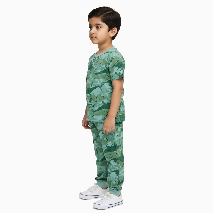 Boys Muted Sage Green Round Neck Cartoon Print Night Suit, ओलिव, large image number null